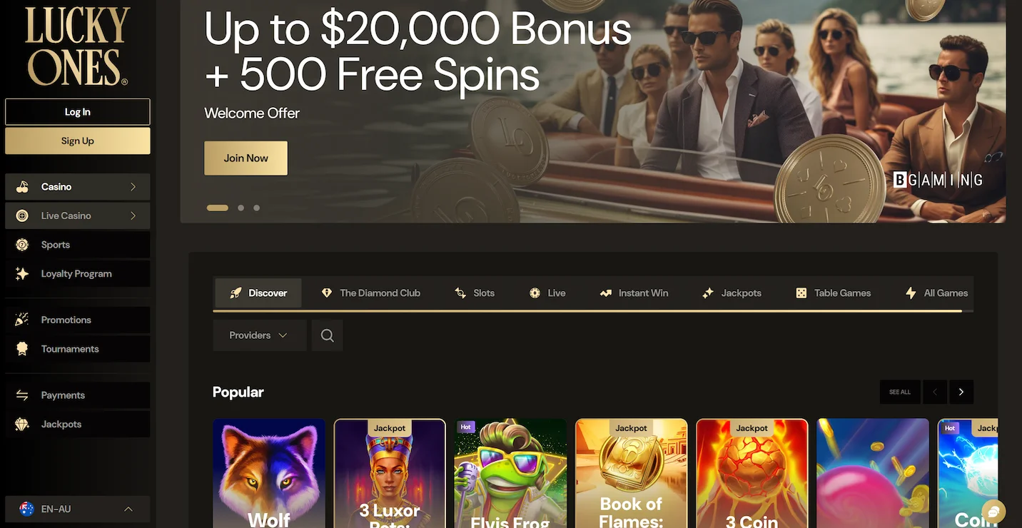 LuckyOnes casino homepage featuring welcome bonus offer, selection of popular online pokies and site navigation